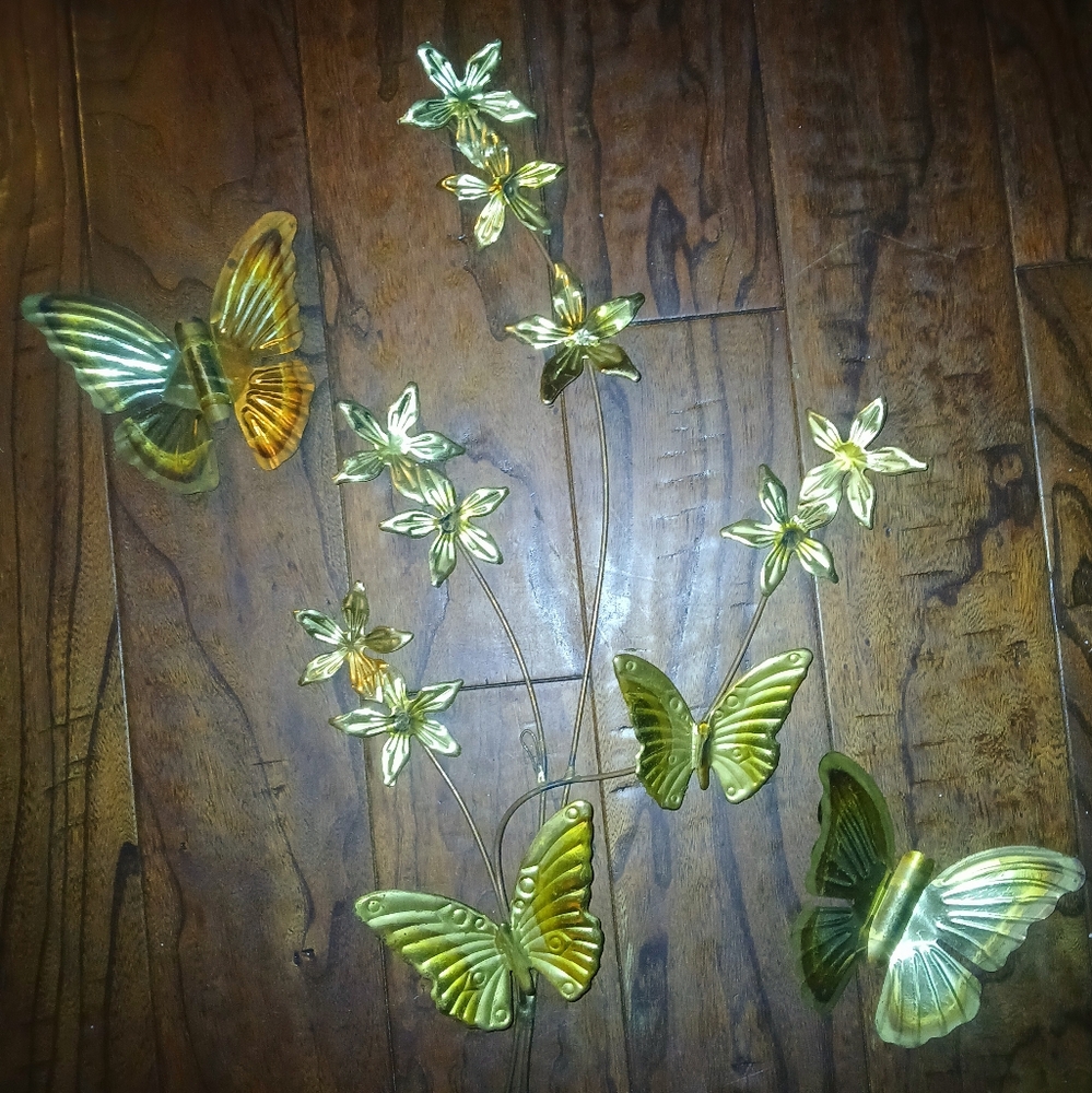 Mid Century Gold and Green Butterfly Wall Decor. Large, All Metal .